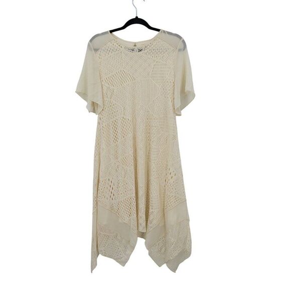 Womens Cream Lace Crochet Patchwork Tunic Dress Sz M Handkerchief Boho Bridal - Picture 11 of 11
